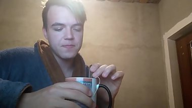 Depressioned boy drinking a tea and think about good life