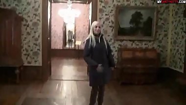 Blonde German in Black Down Jacket and Fur Hood Sex