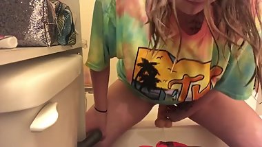 Tiny pussy rides huge dick